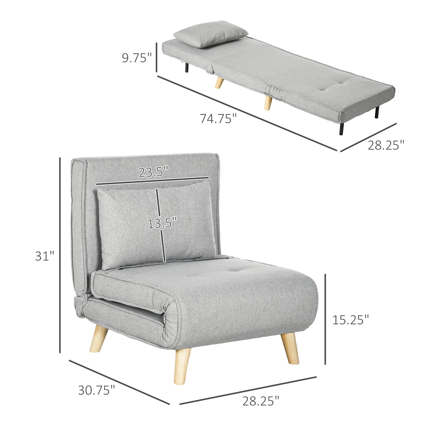 Grey convertible chair bed with wooden legs