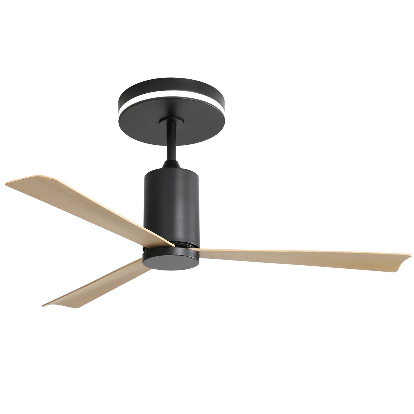 Modern black flush mount ceiling fan with light and wood blades