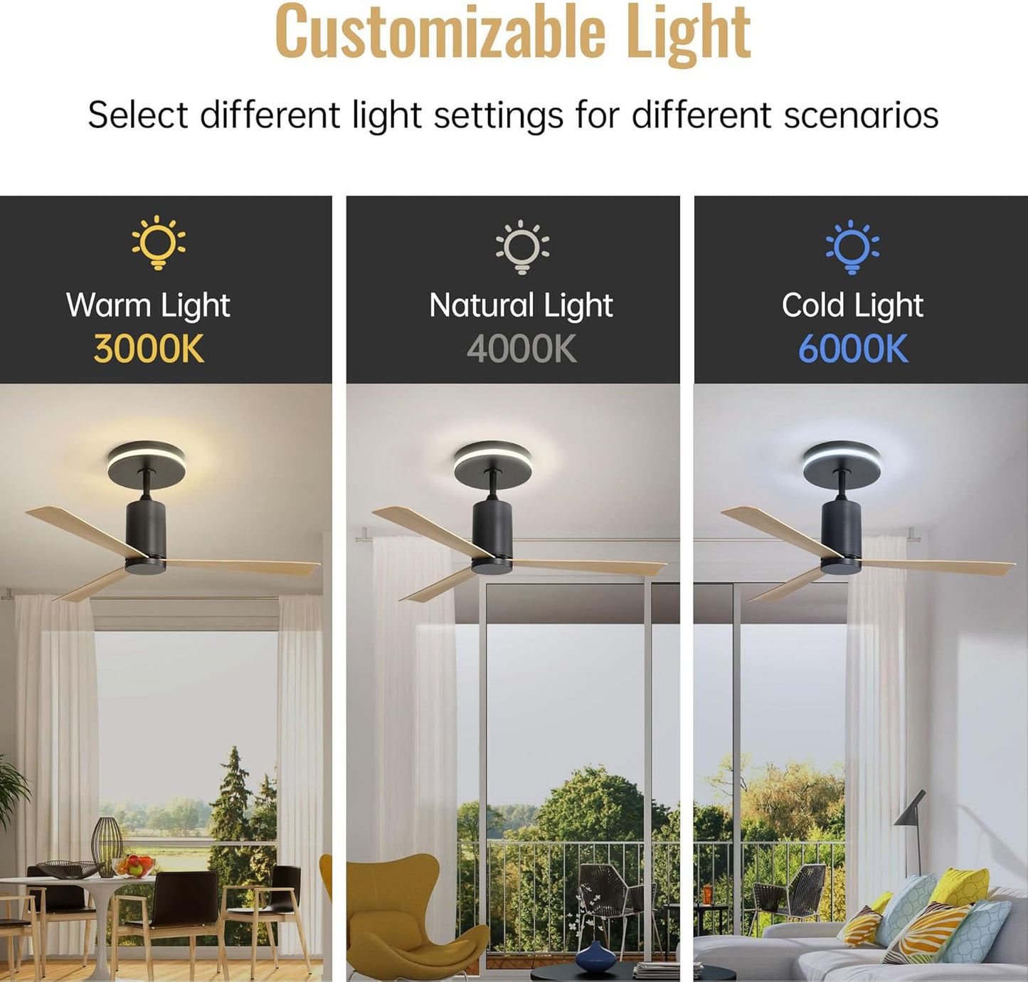 Modern black ceiling fan with wood blades and customizable LED light settings