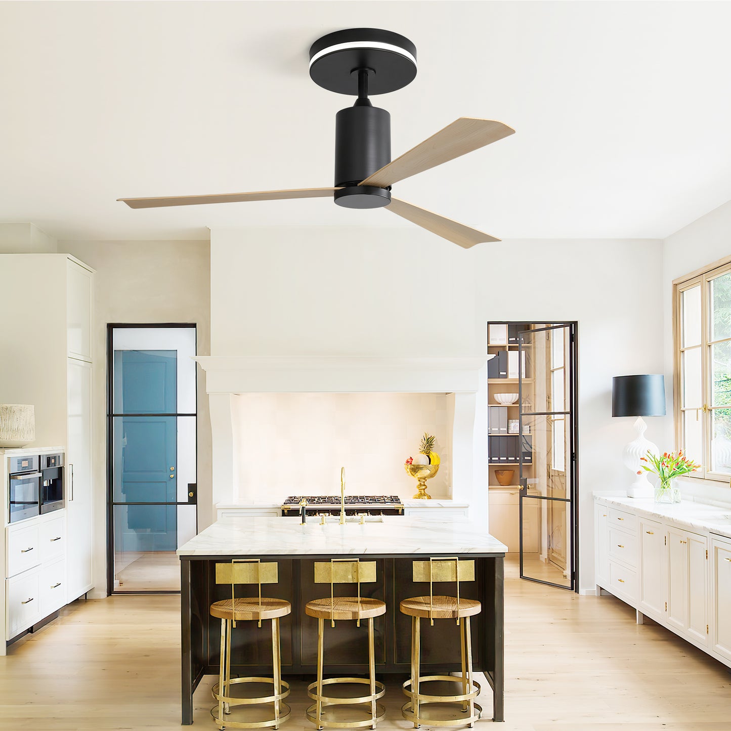 Modern black ceiling fan with three light wood blades and integrated LED light