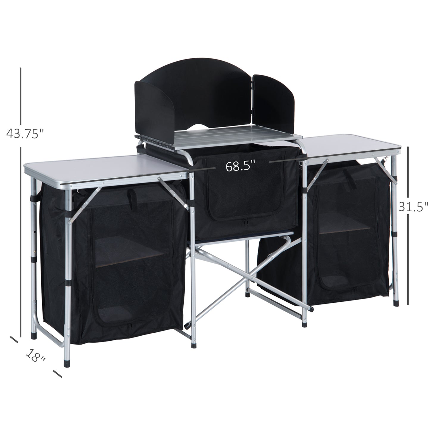 Portable camping kitchen with aluminum table top three storage bags and windshield