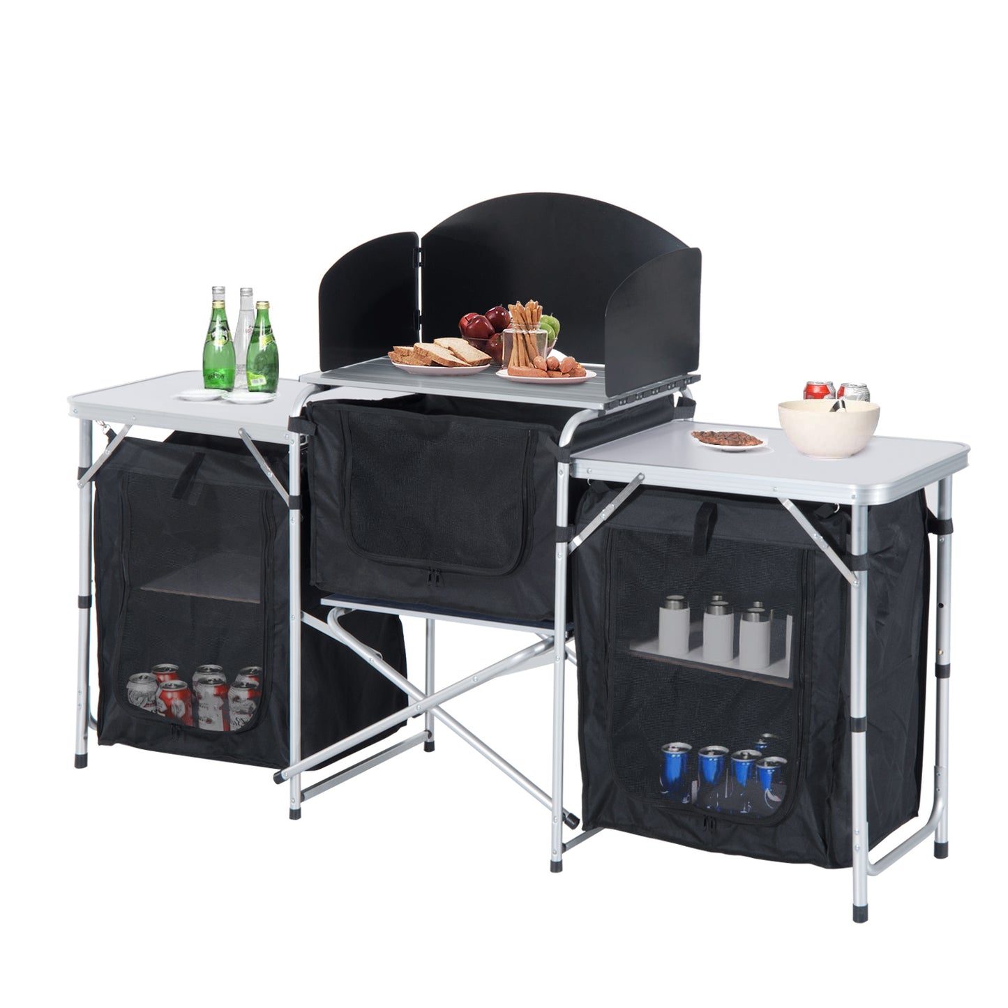 Compact aluminum camping kitchen with black storage cabinets and food prep area