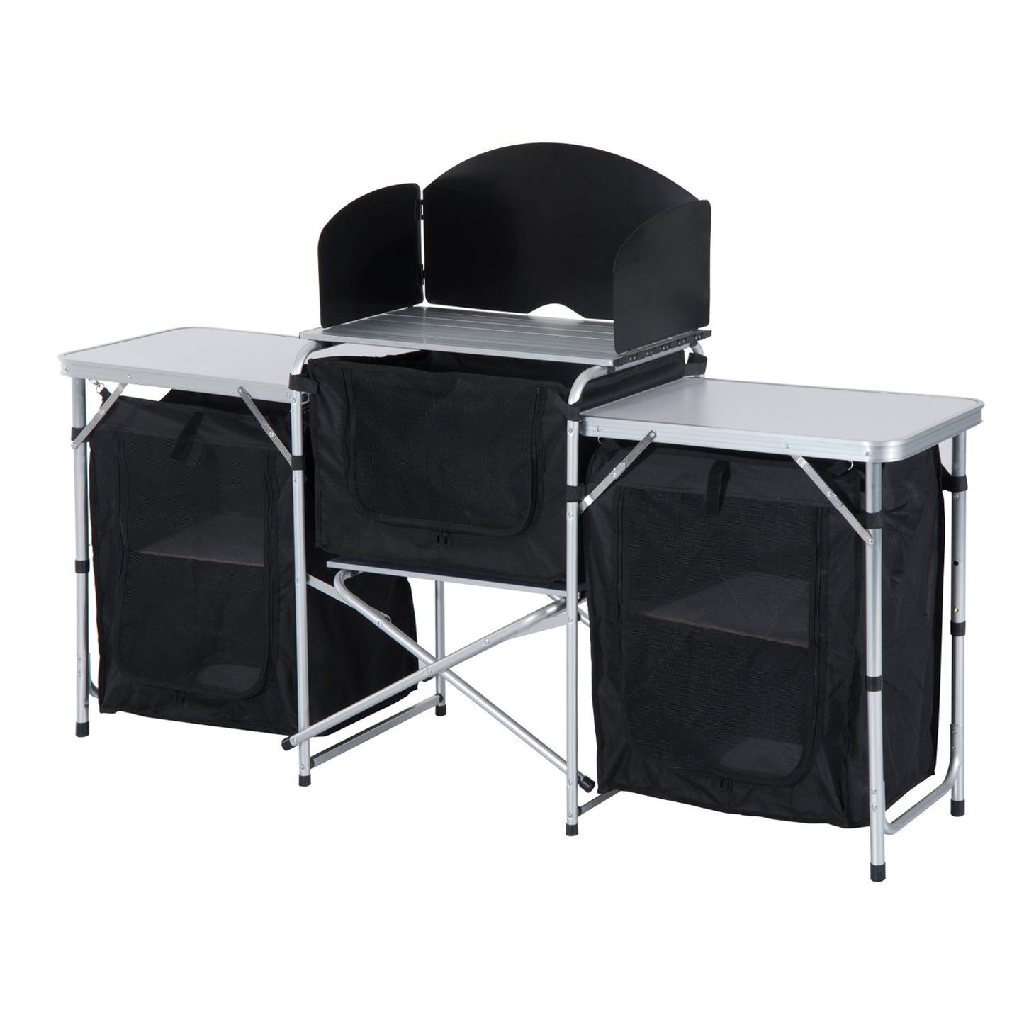 Portable camping kitchen unit with aluminum top and black fabric storage ideal for outdoor cooking