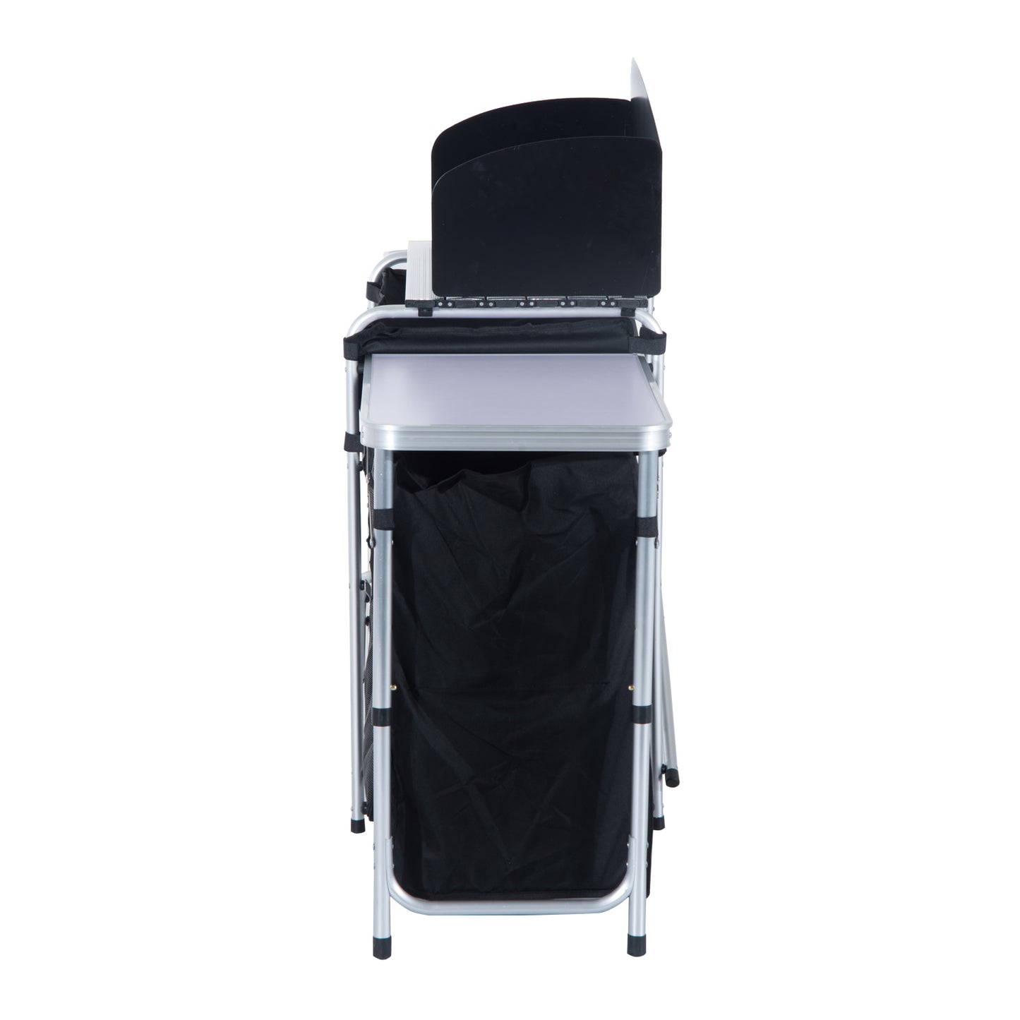 Portable camping kitchen station with silver frame and black fabric storage