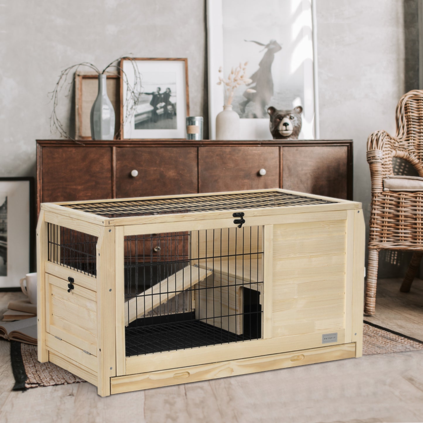 Natural pine wood rabbit hutch with black wire mesh enclosure and ramp ideal for small pets