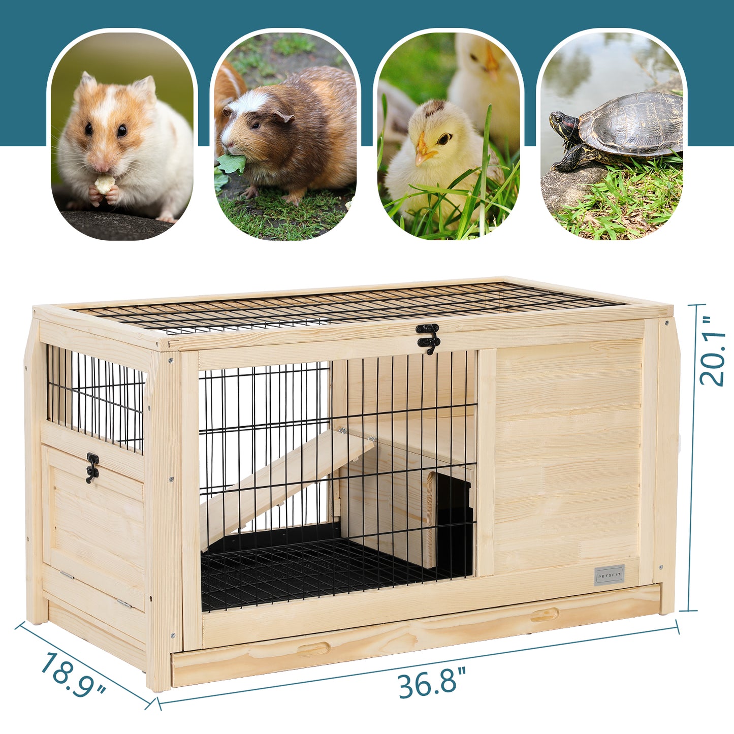 Natural pine wood pet cage with wire mesh door ramp and tray for small animals