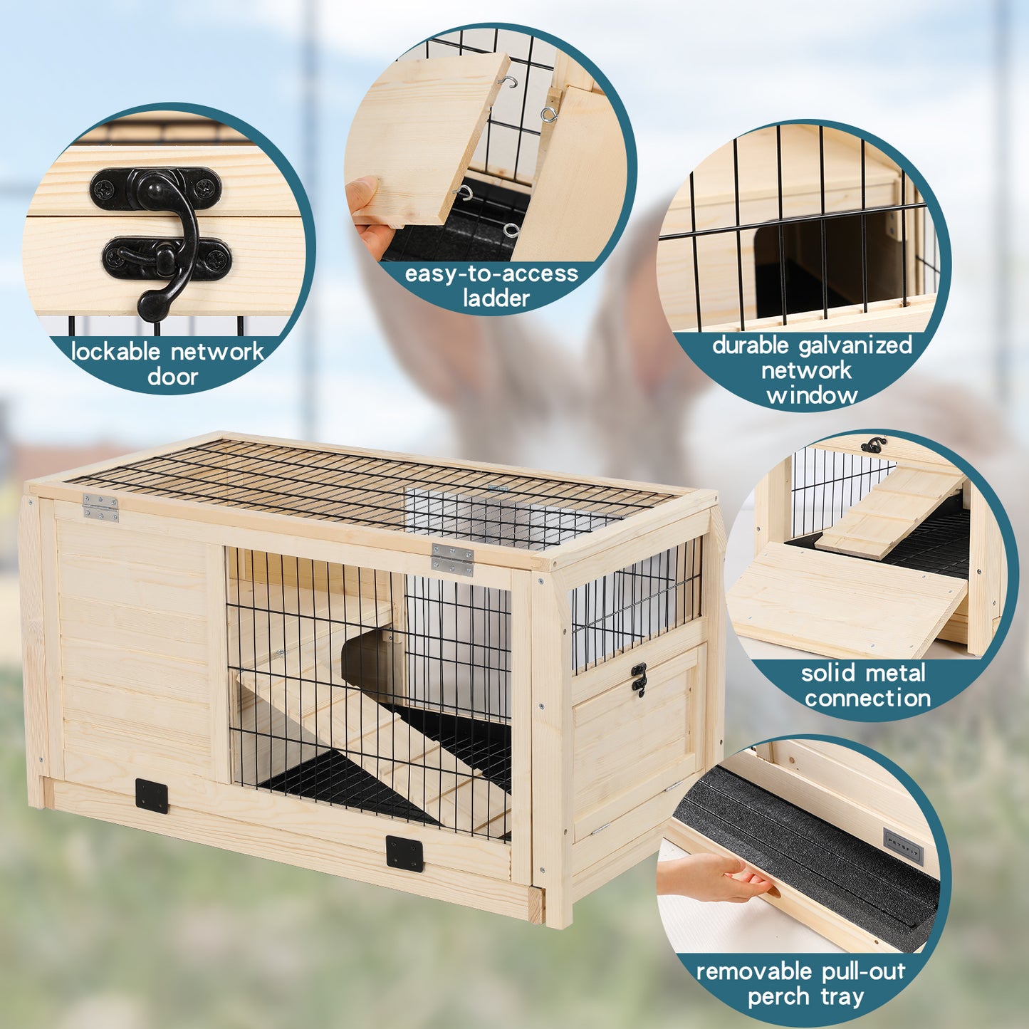 Wooden rabbit hutch with dual levels and secure lockable door for small pets