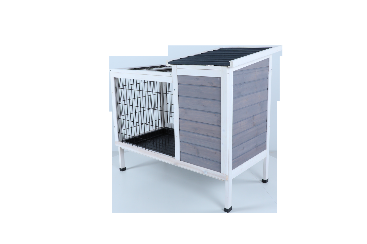 White and grey wooden outdoor pet hutch with a wire mesh front and slanted roof