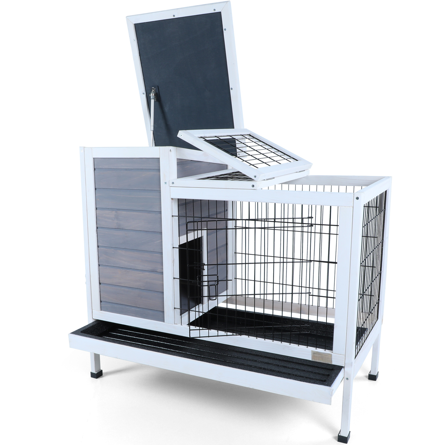 Wooden rabbit hutch with two levels and a pullout tray for easy cleaning
