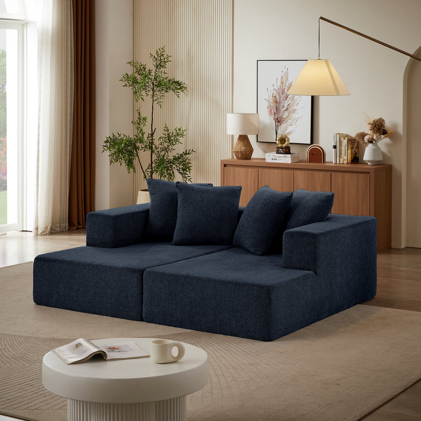 Deep blue sectional sofa with plush cushions perfect for modern living rooms