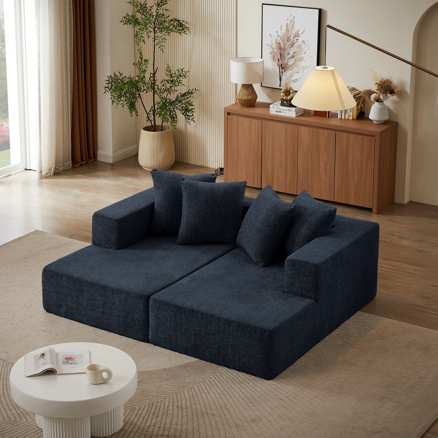 Deep blue modular sectional sofa with plush cushions modern design