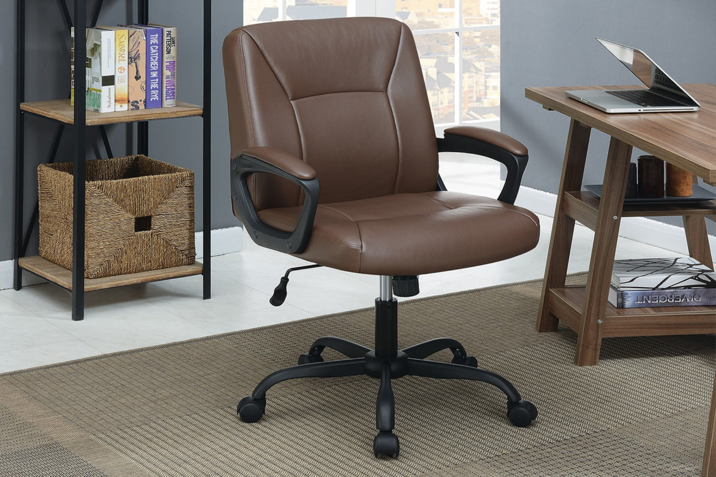 Brown leather office chair with adjustable height and swivel base for home office use