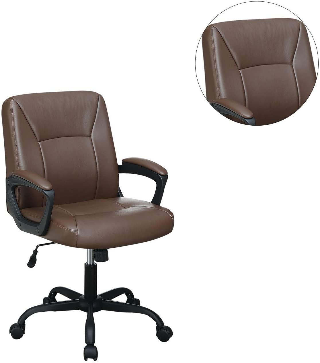 Brown faux leather office chair with adjustable height and padded armrests