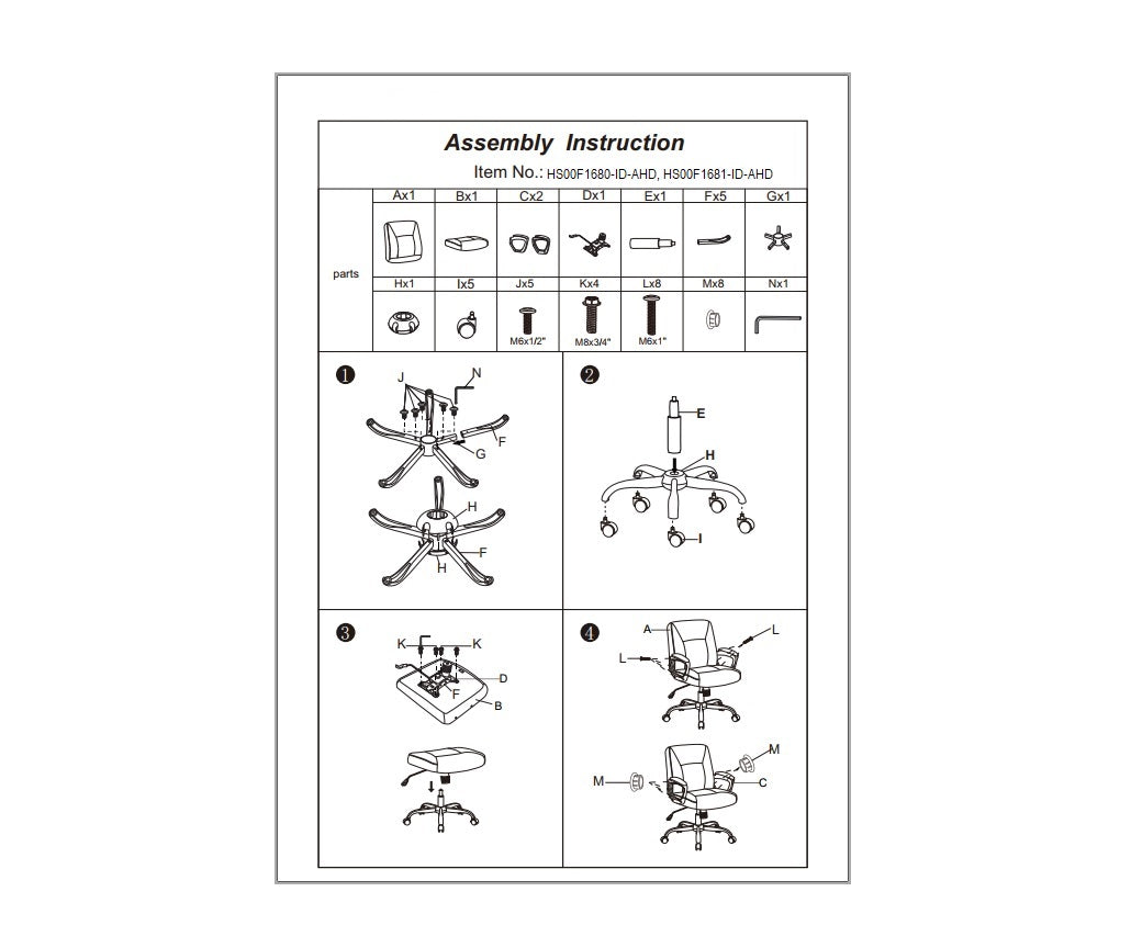 Office chair assembly instructions with part identification and stepbystep diagrams