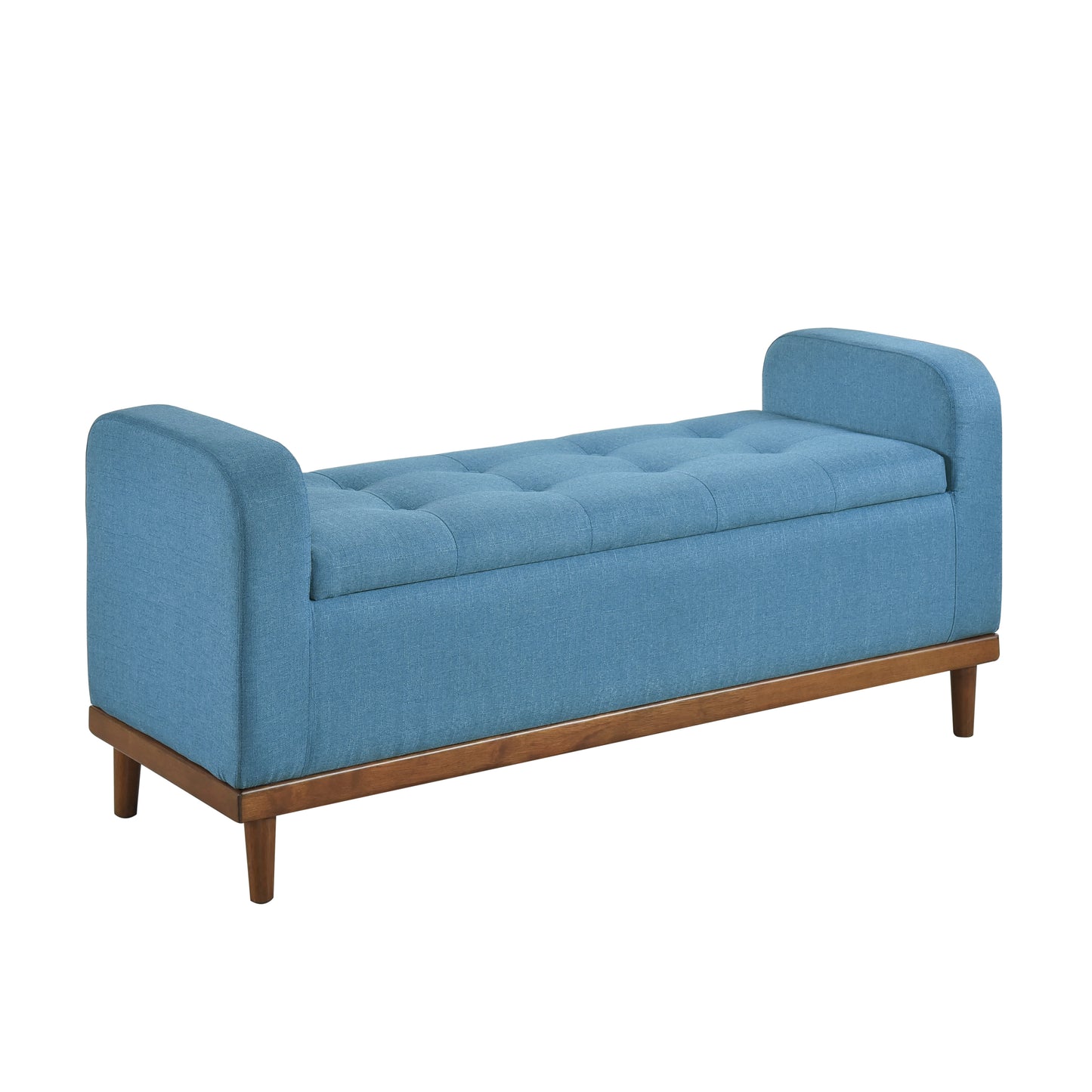 Blue tufted storage bench with wooden legs and arms
