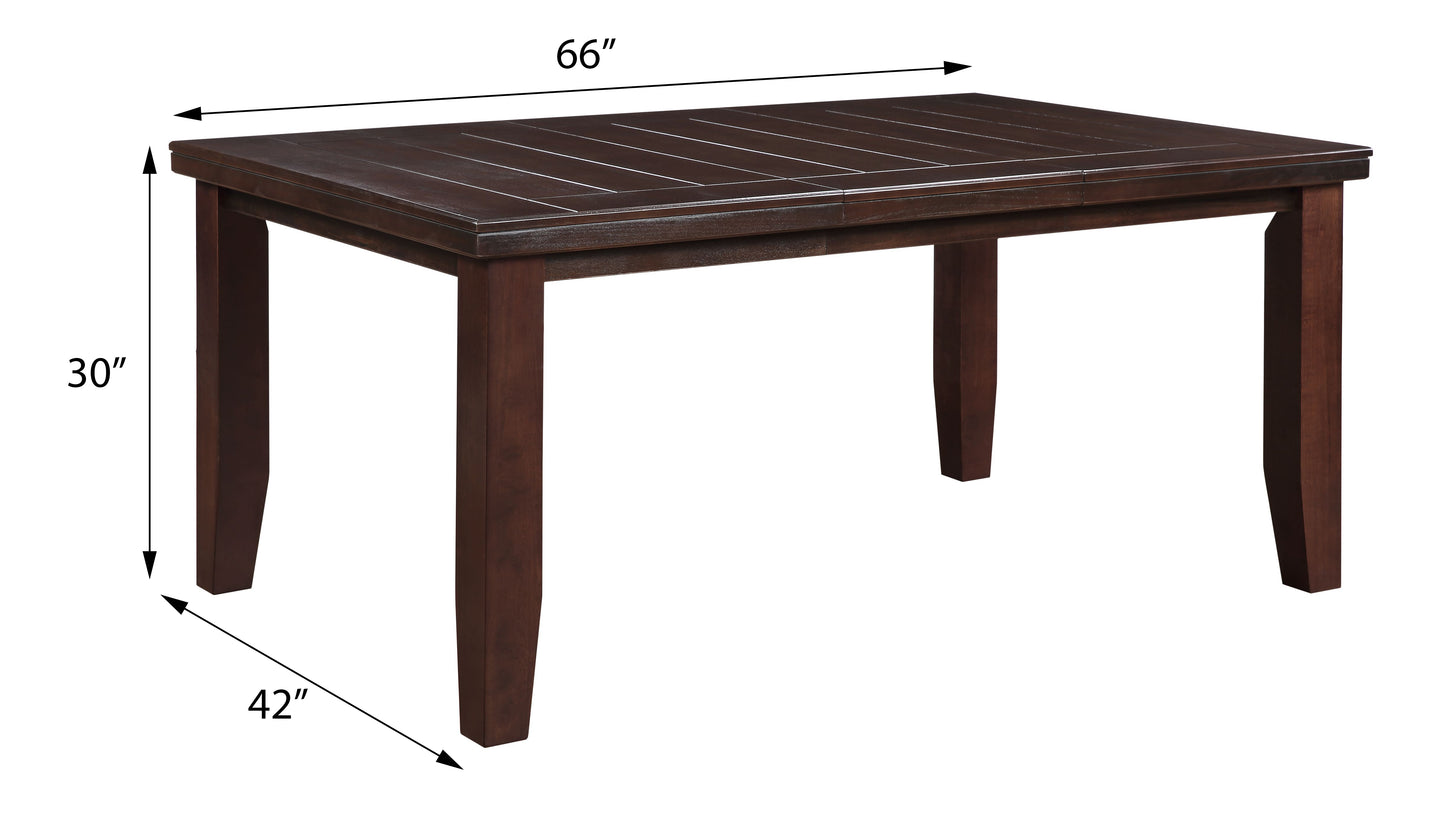 Dark brown wooden dining table with planked top L x W x H