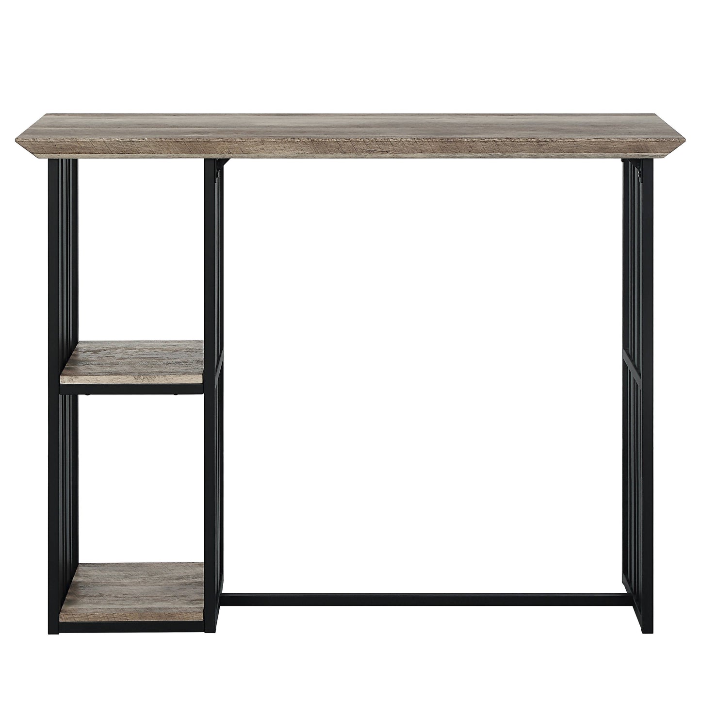Rustic oak and black metal console table with two shelves