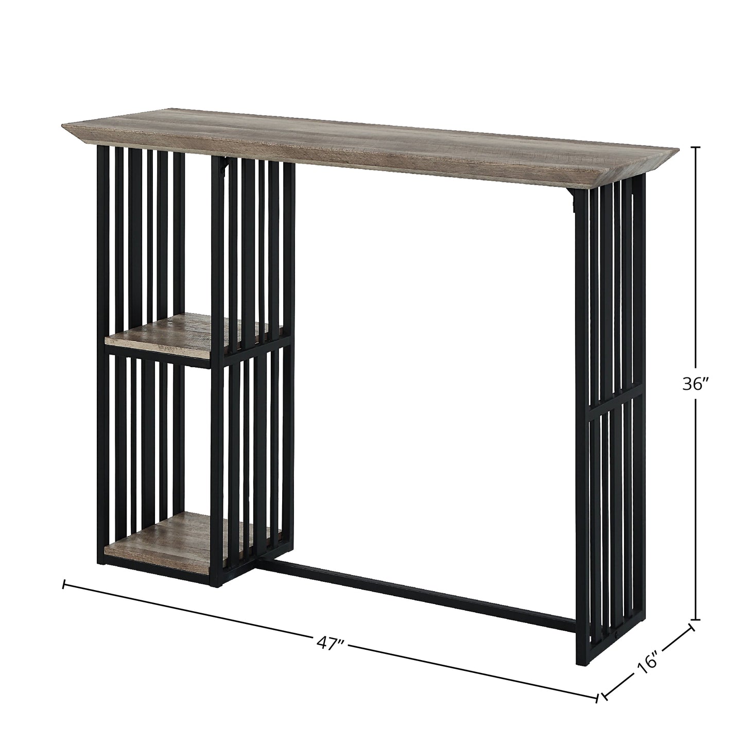 Rustic oaklook console table with black metal frame and two shelves inches wide