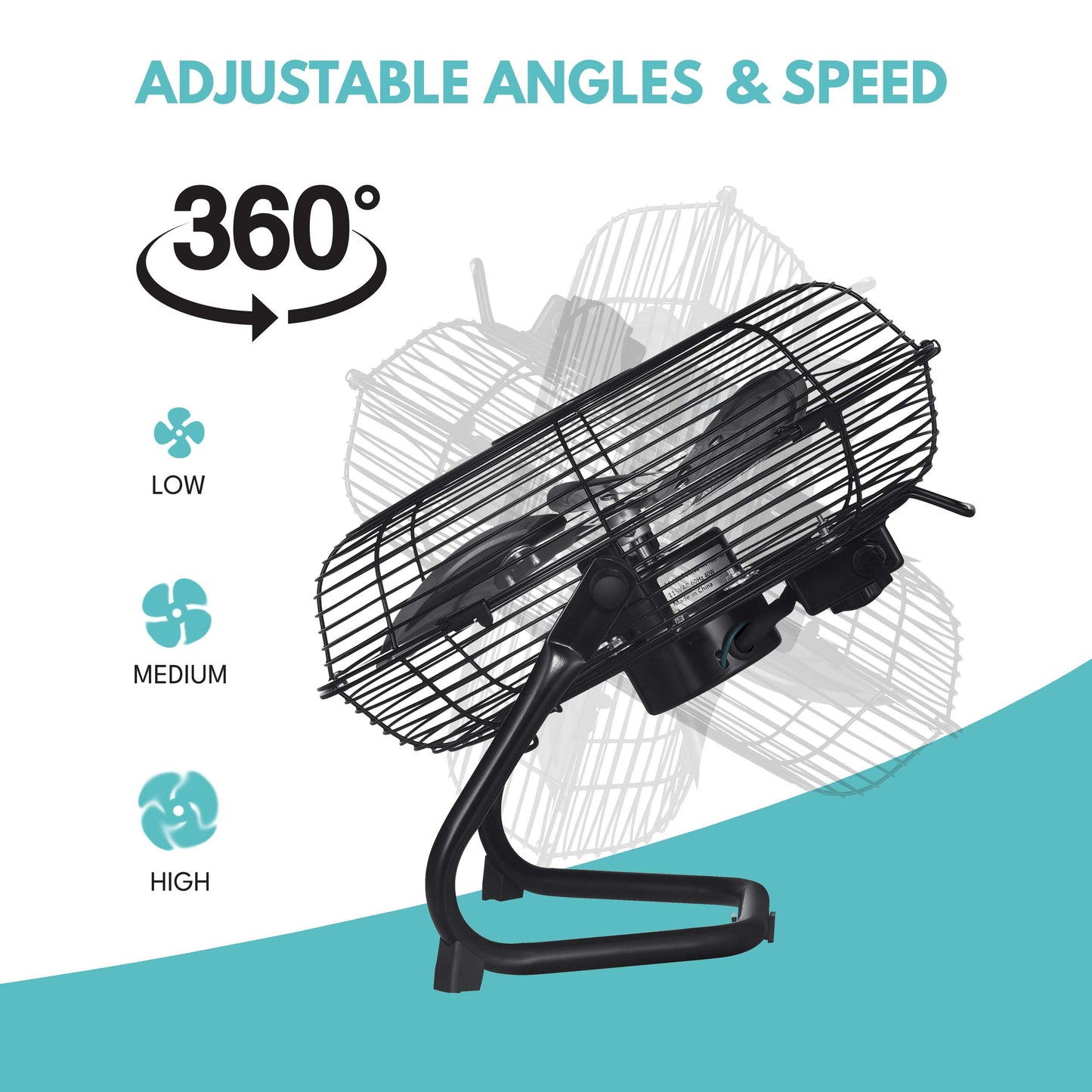 Black metal desk fan with adjustable angle and three speed settings low medium high