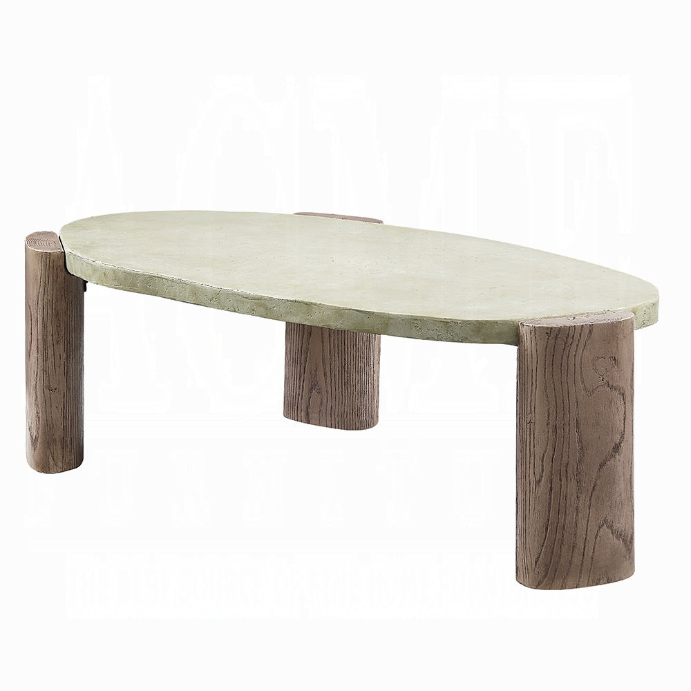 Oval light green concrete coffee table with wood log legs