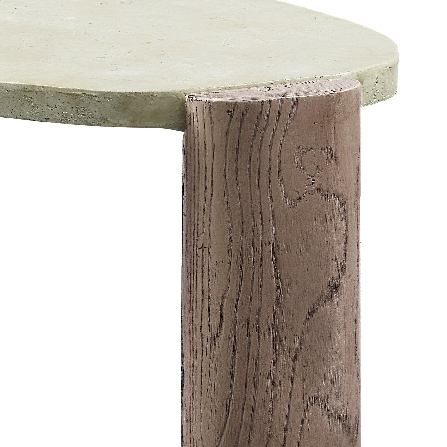 Round light green concrete tabletop with a textured wood pedestal base