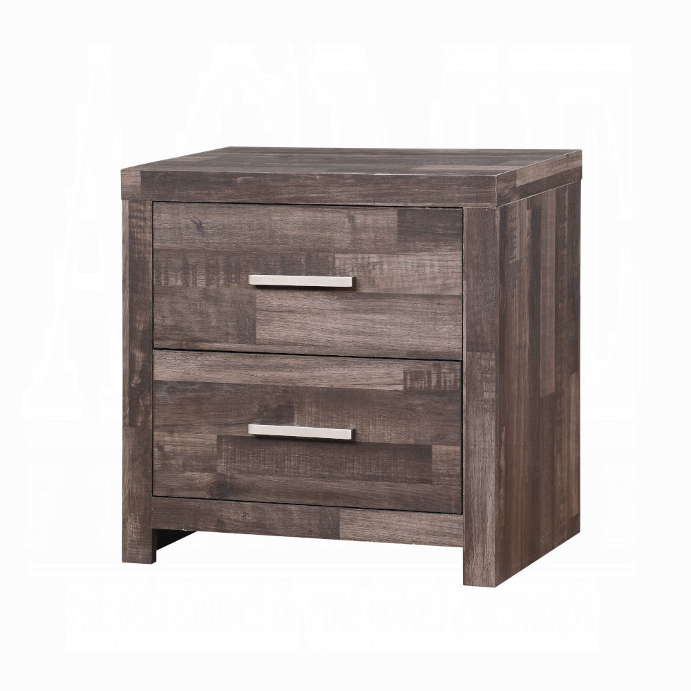Rustic brown wood bedside table with two drawers and brushed nickel hardware