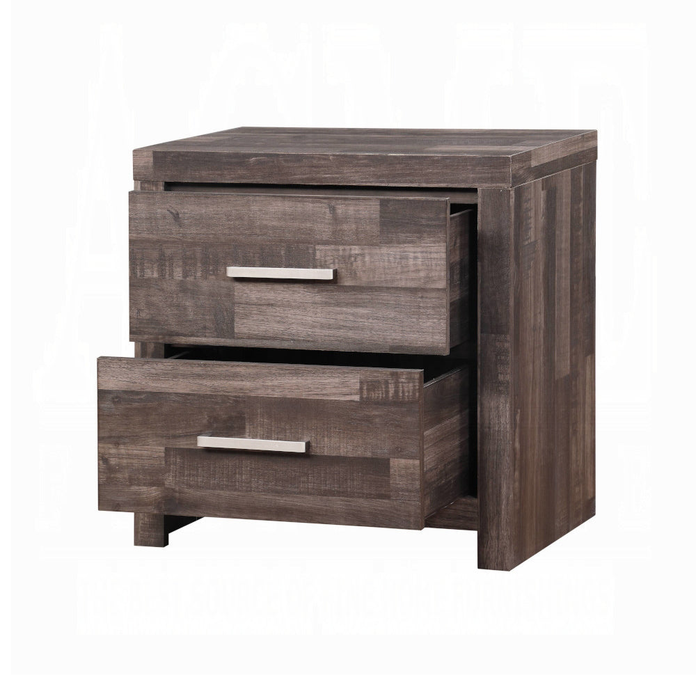 Rustic gray twodrawer nightstand with silver metal handles and weathered wood finish