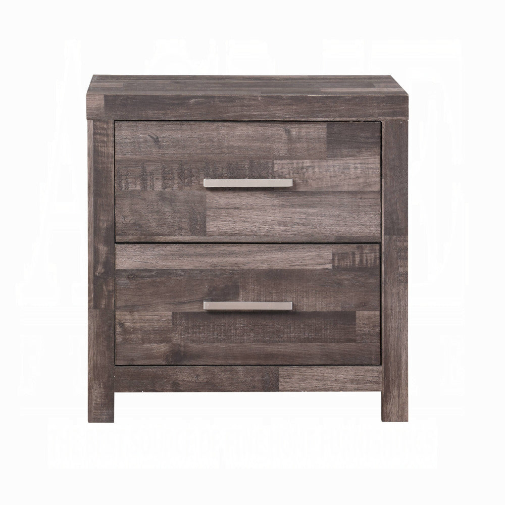 Rustic gray wood veneer nightstand with two drawers and silver handles