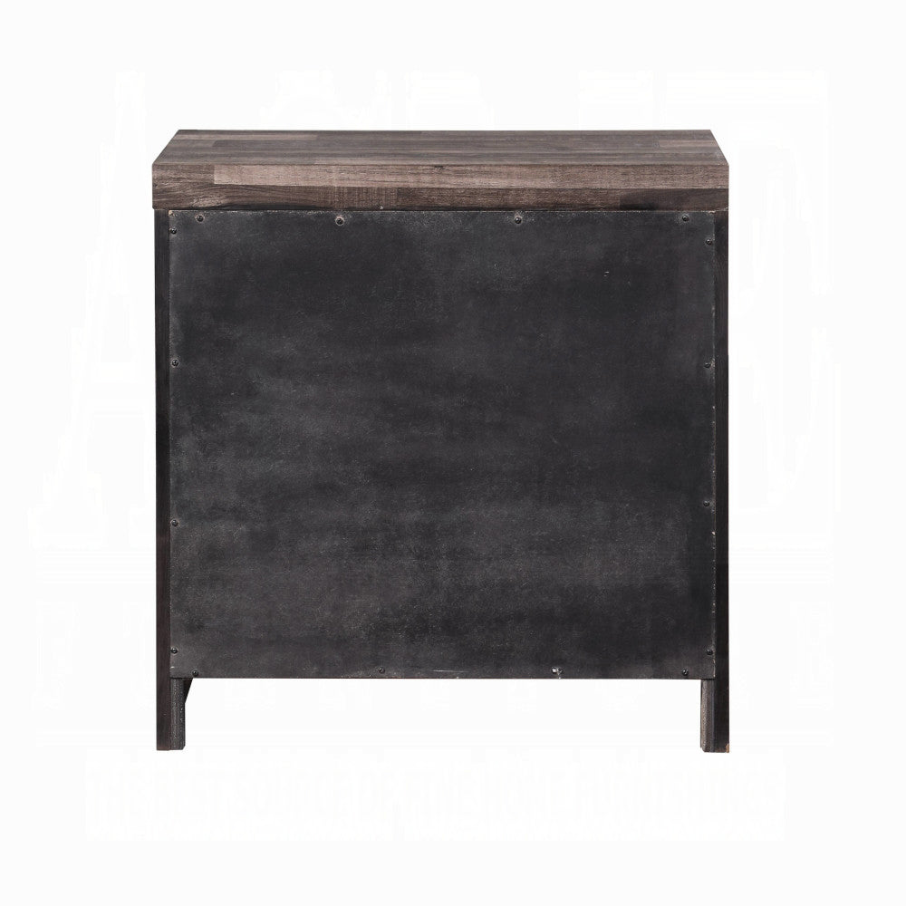 Industrial style nightstand with distressed wood top and dark metal panel