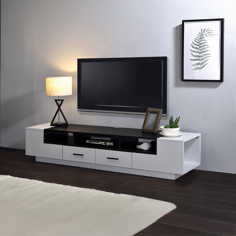 Modern black and white media console with open shelves and drawers for entertainment systems