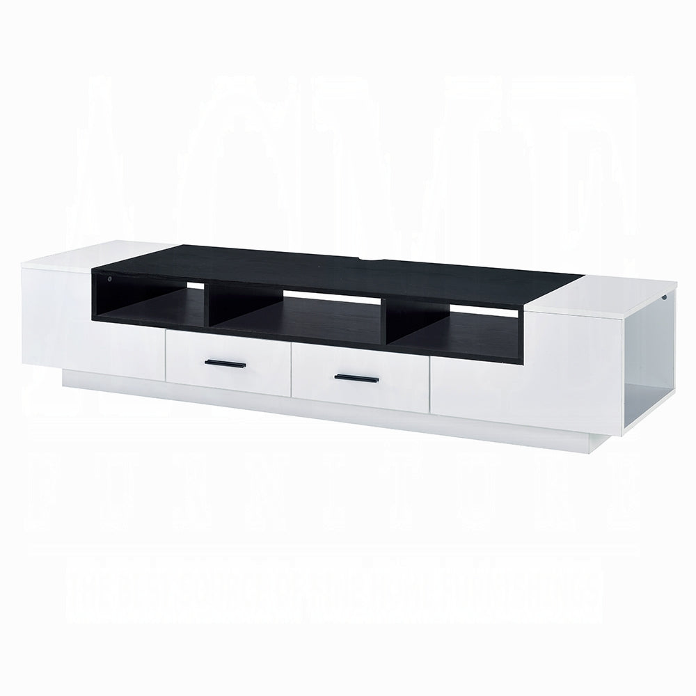 Modern white and black media console with drawers and shelves