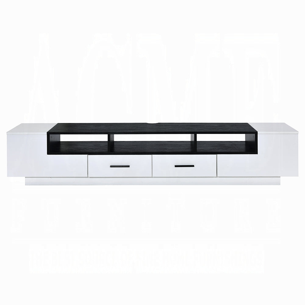 Sleek modern white and black media console with ample storage for electronics