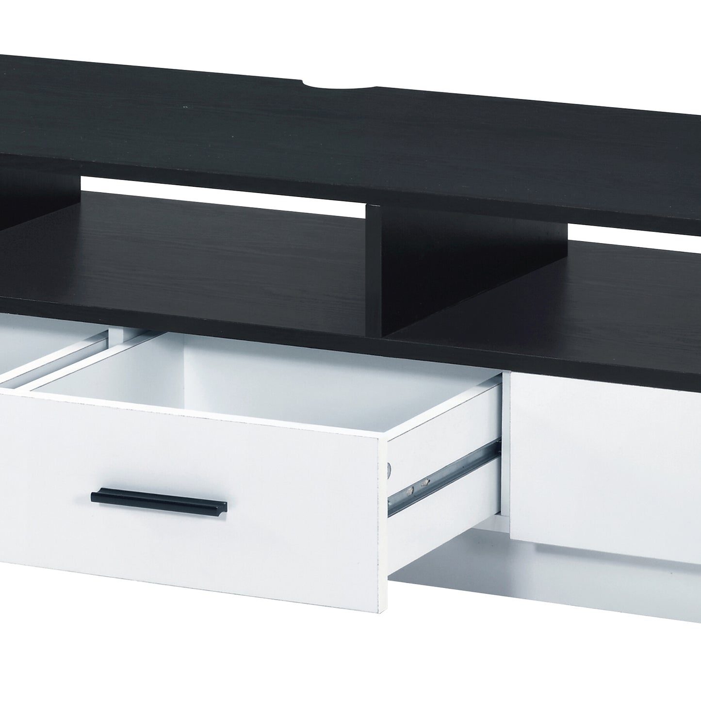 Modern black and white media console with open shelving and white drawers