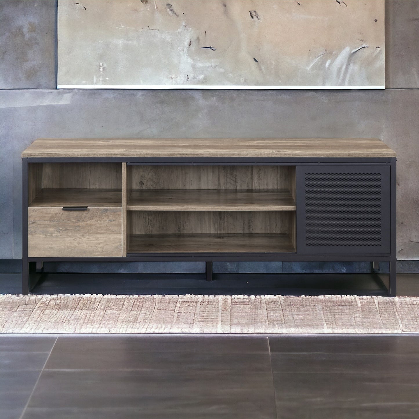 Modern oak and metal tv stand with two shelves and one drawer for media storage