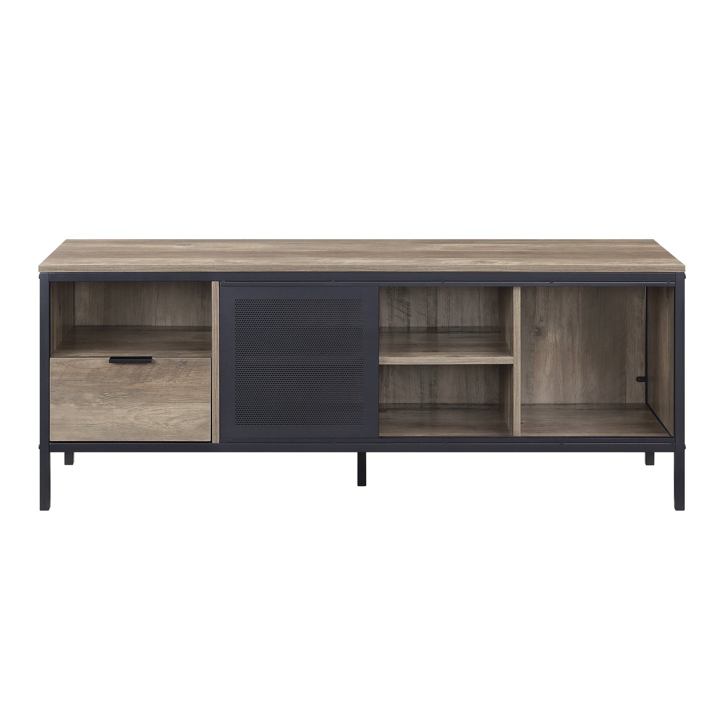 Modern media console with weathered oak finish black metal frame and perforated sliding door