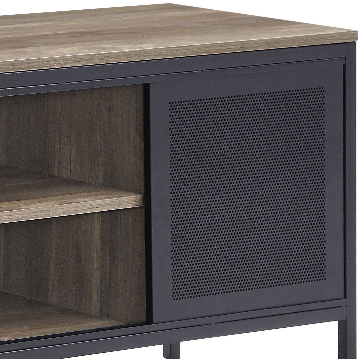 Rustic wood top media console with perforated metal sliding door