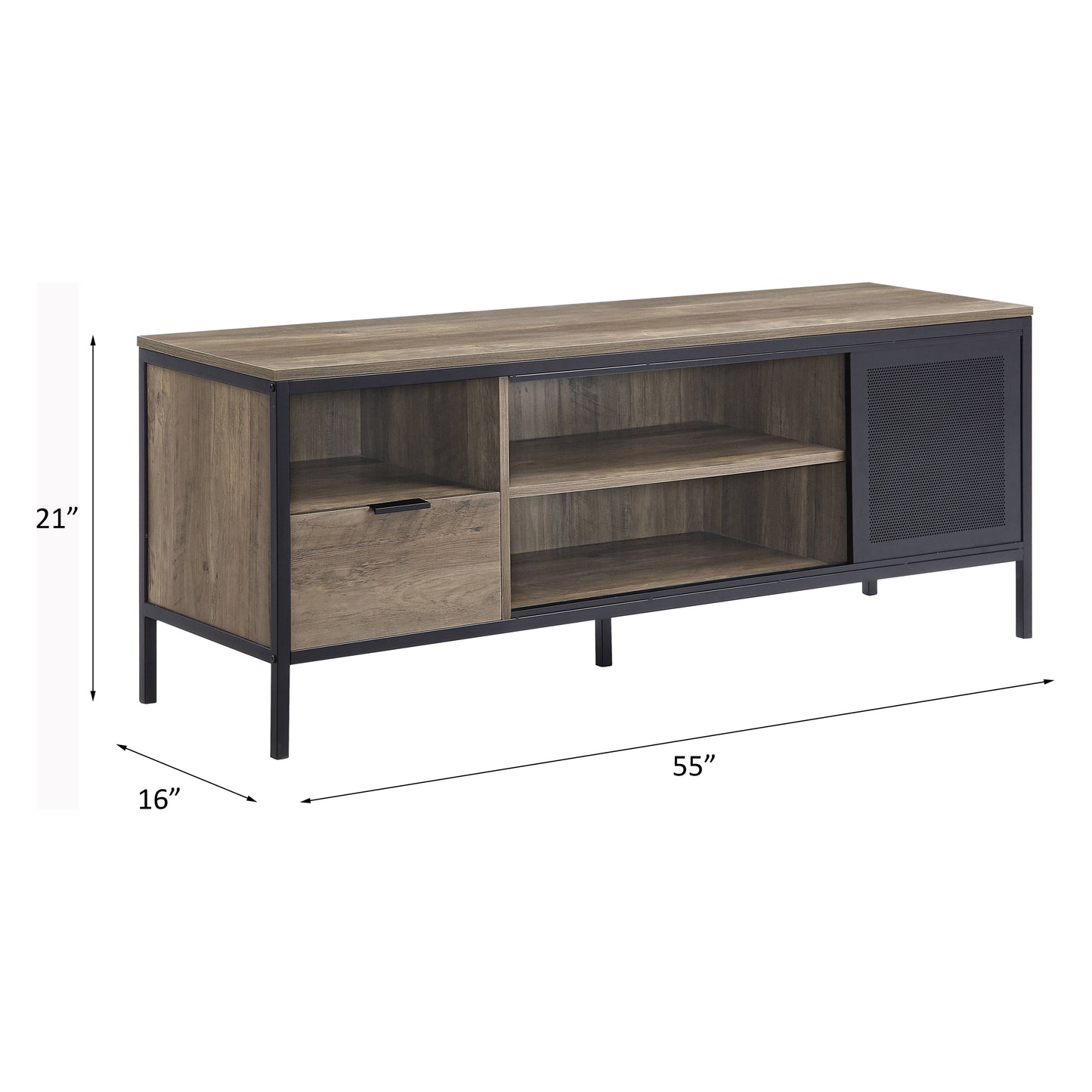 Rustic oak veneer media console with black metal frame and sliding door