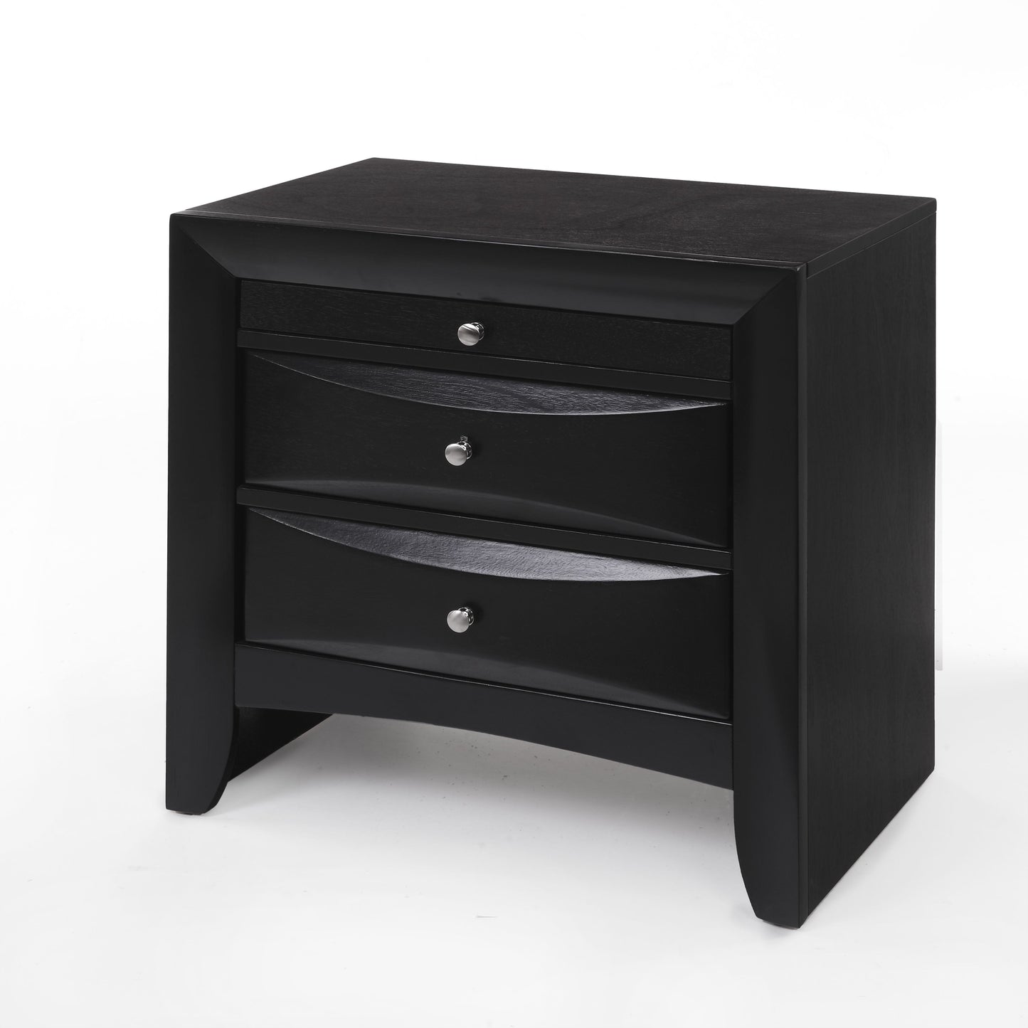 Black wood nightstand with three curved drawers and silver knobs