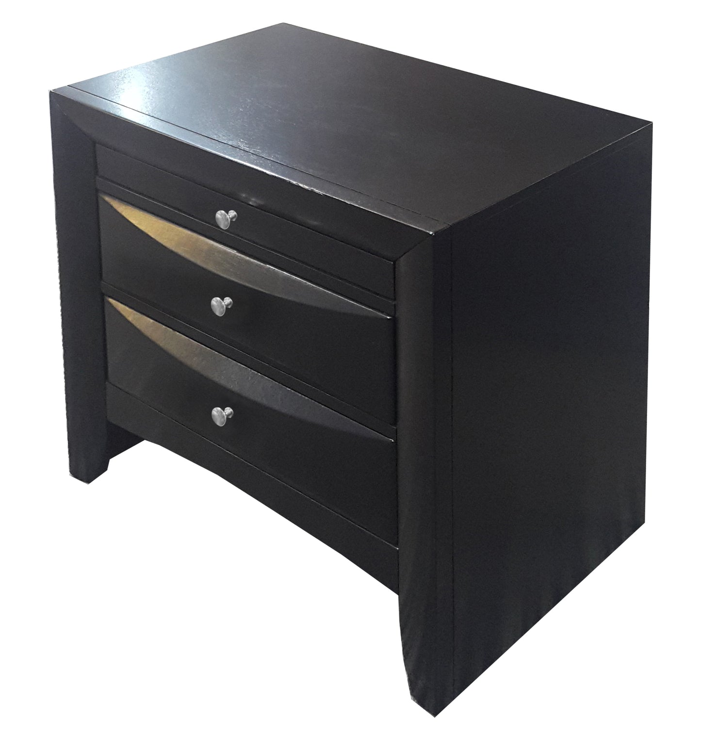 Modern black drawer nightstand with silver knobs and clean lines
