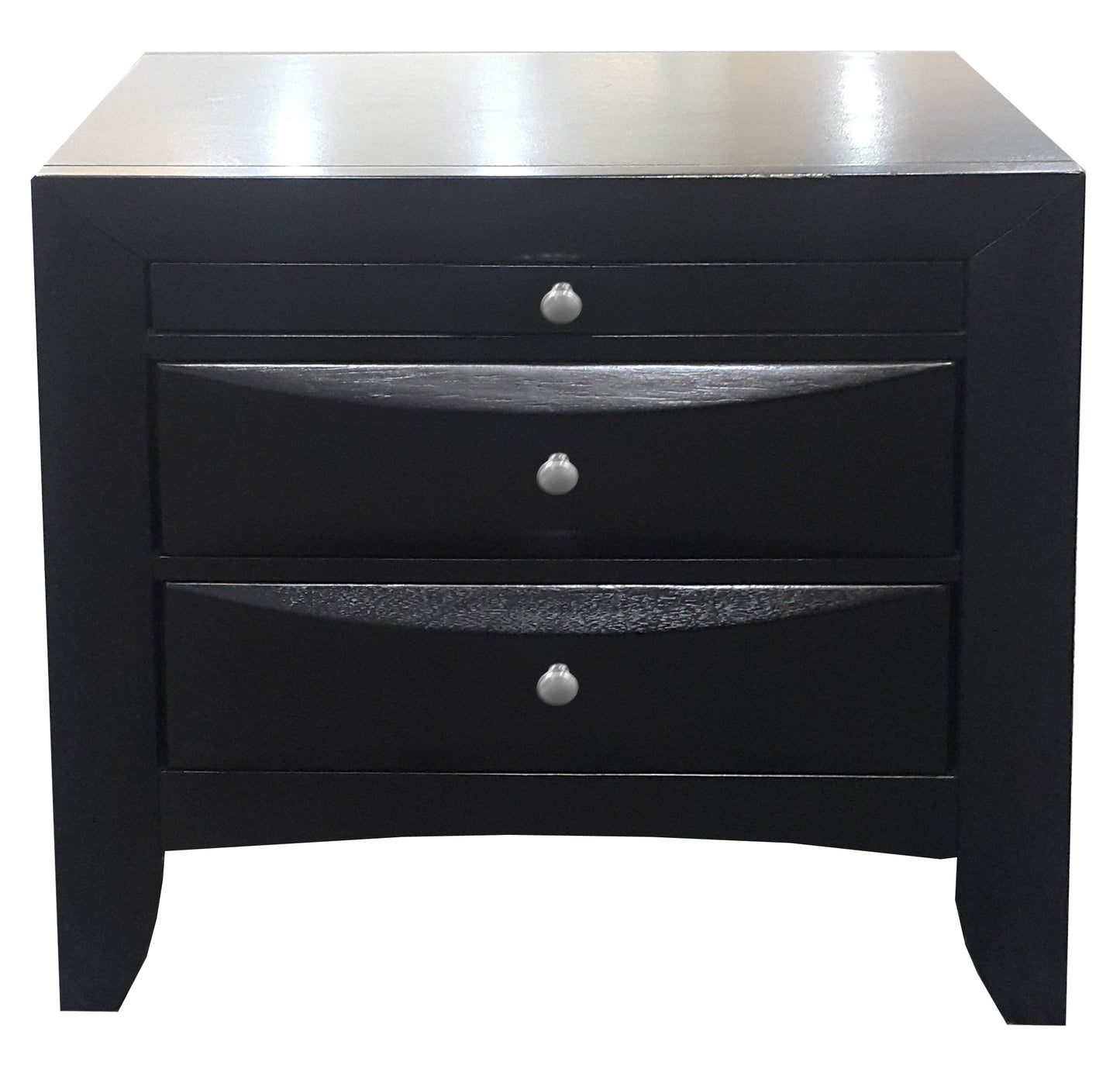 Black modern nightstand with three drawers and silver knobs
