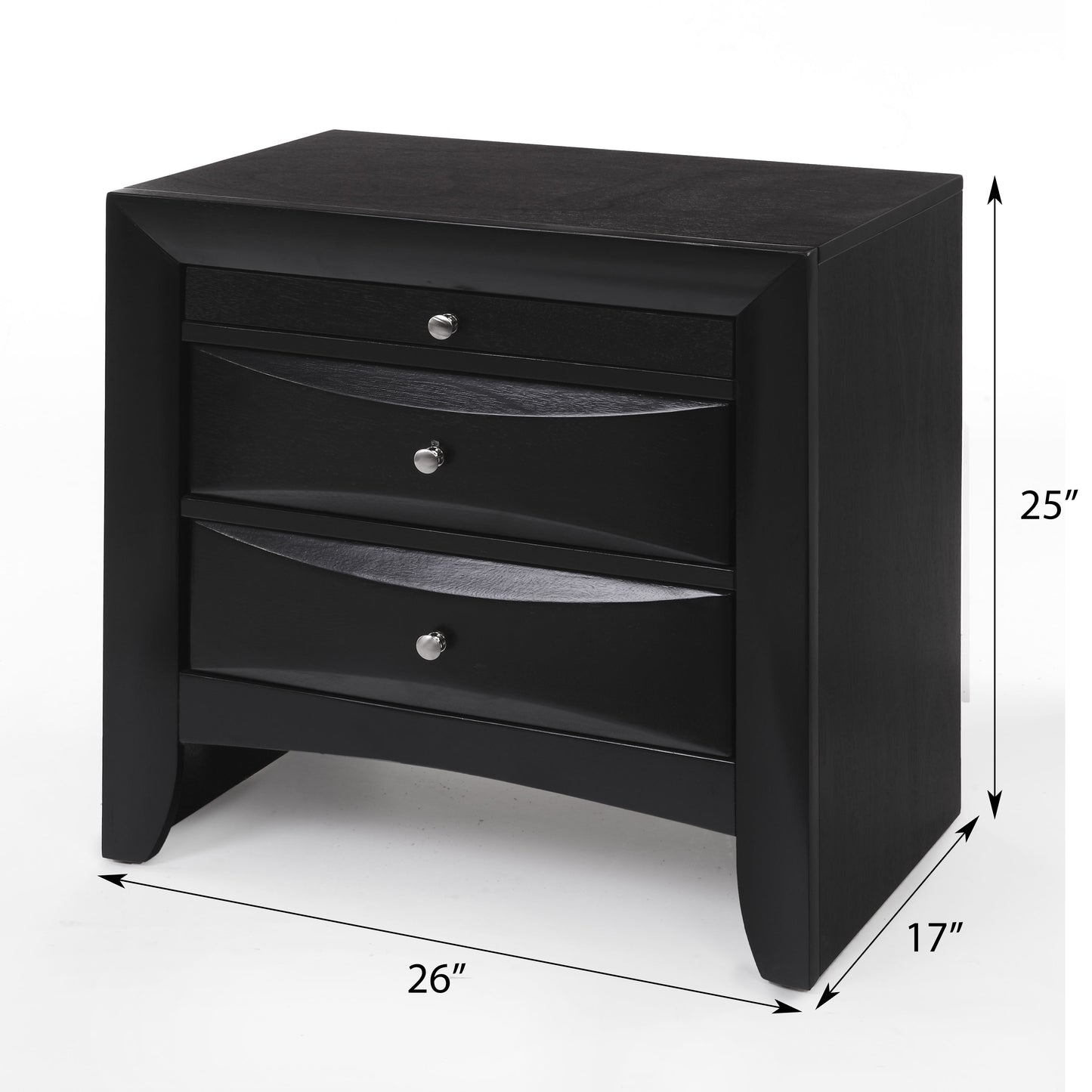 Black wood threedrawer nightstand with silver pulls and modern design