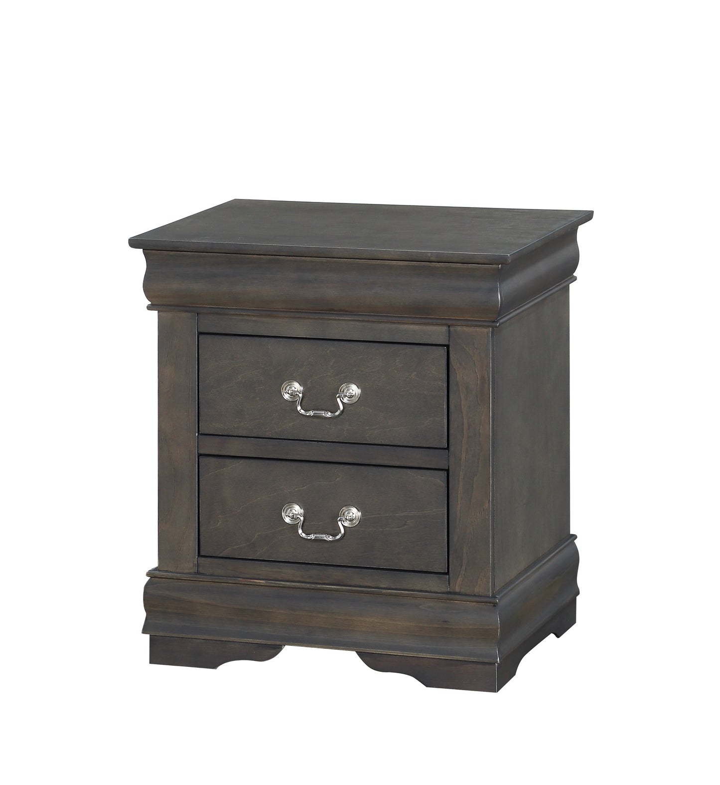 Dark grey wooden twodrawer nightstand with ornate silver drawer pulls