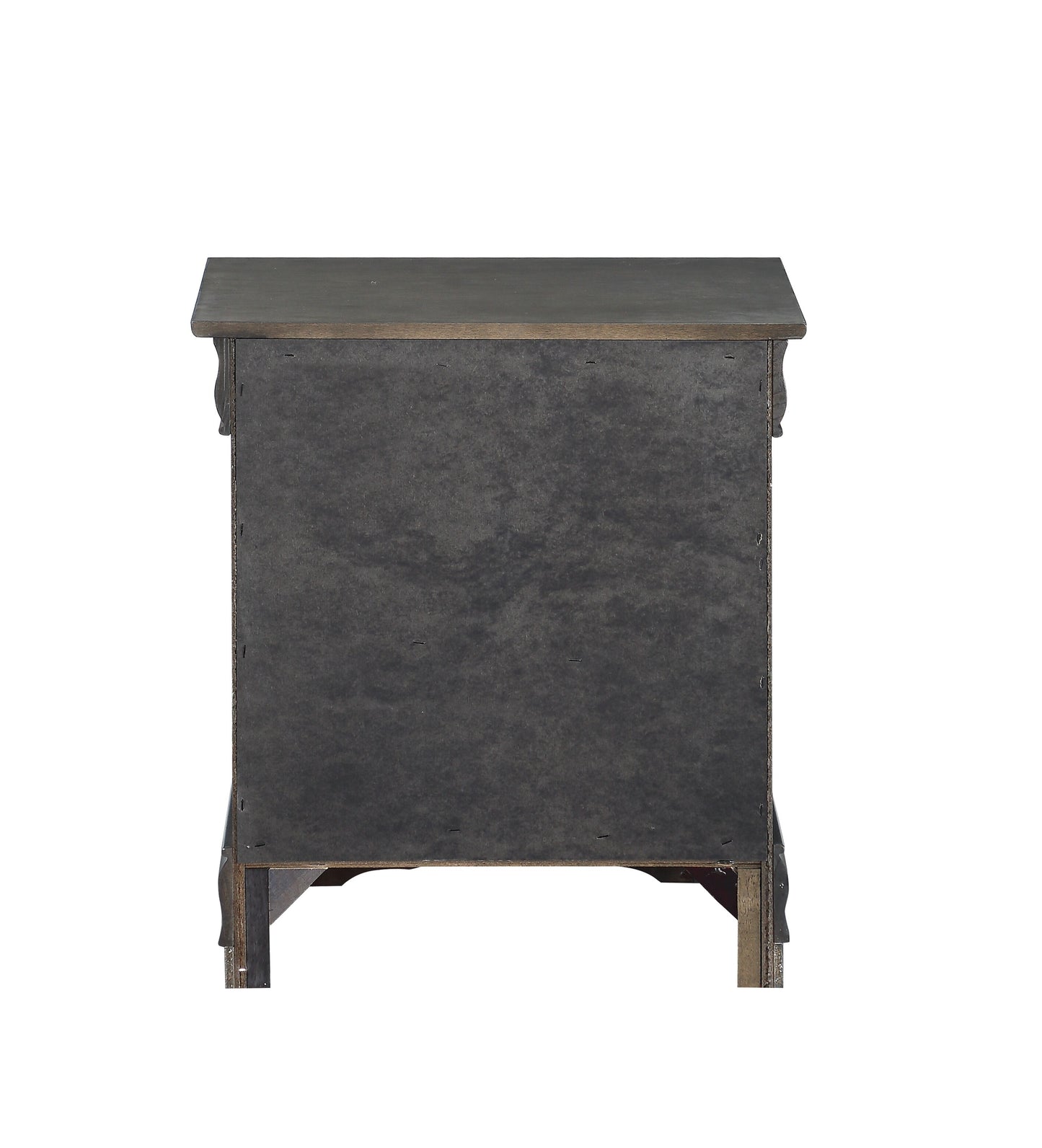 Dark wood nightstand back view with antique carvings on sides