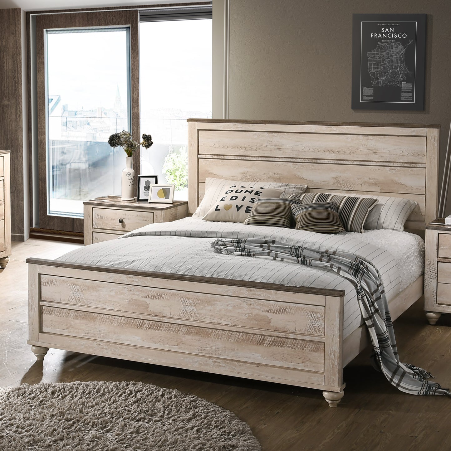Rustic white wood king bed with reclaimed wood headboard and matching nightstand