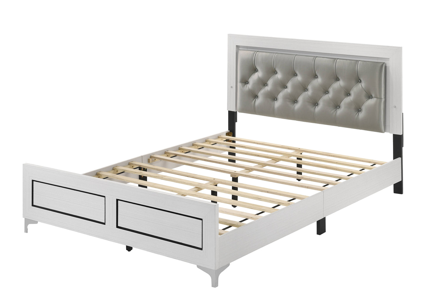White wood tufted headboard bed frame with storage drawers