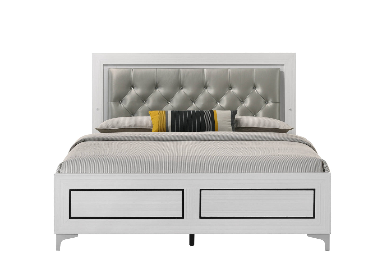 White modern storage bed with tufted silver headboard and black drawer accents