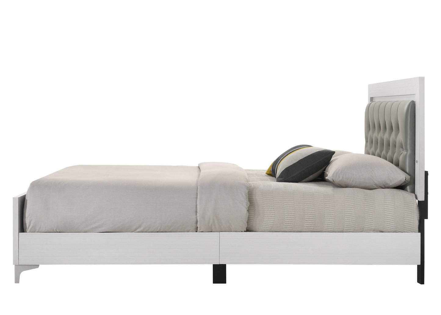 Modern white wood platform bed with grey tufted headboard and striped bedding