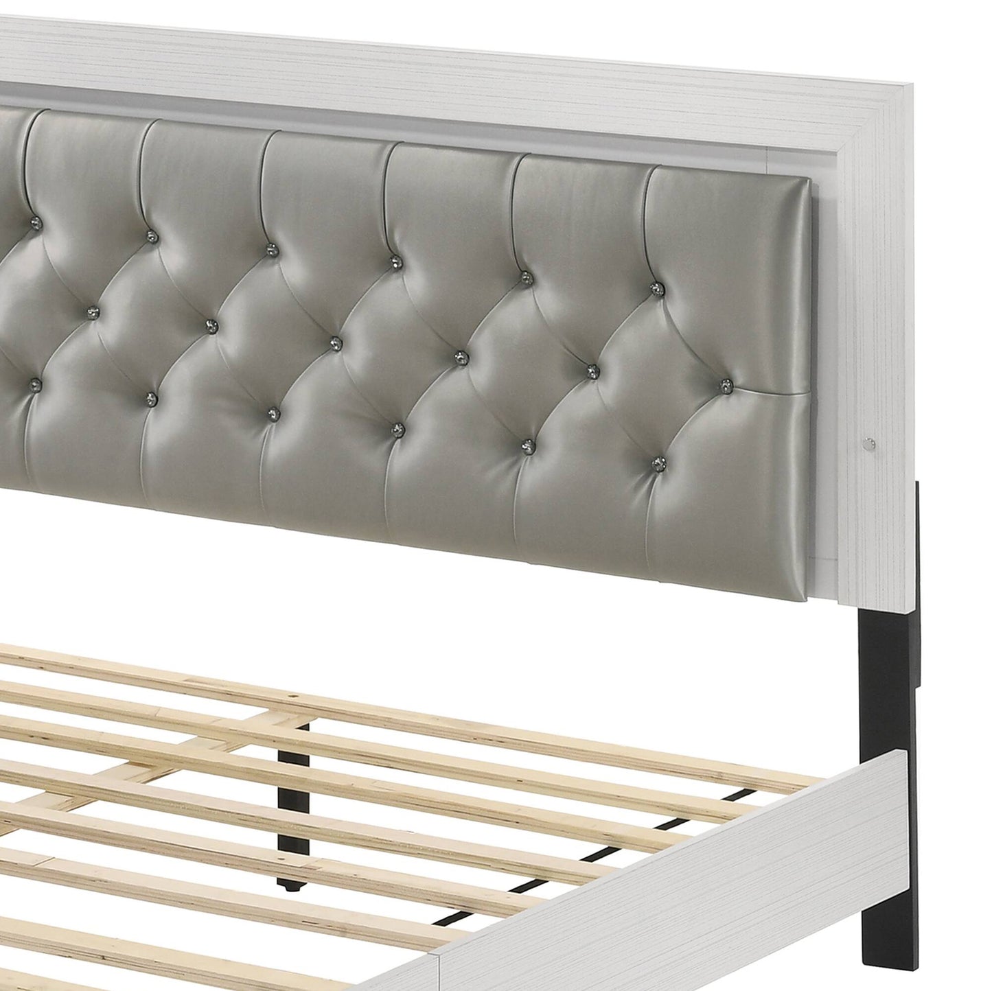 Gray tufted faux leather headboard with crystal accents and white wood frame