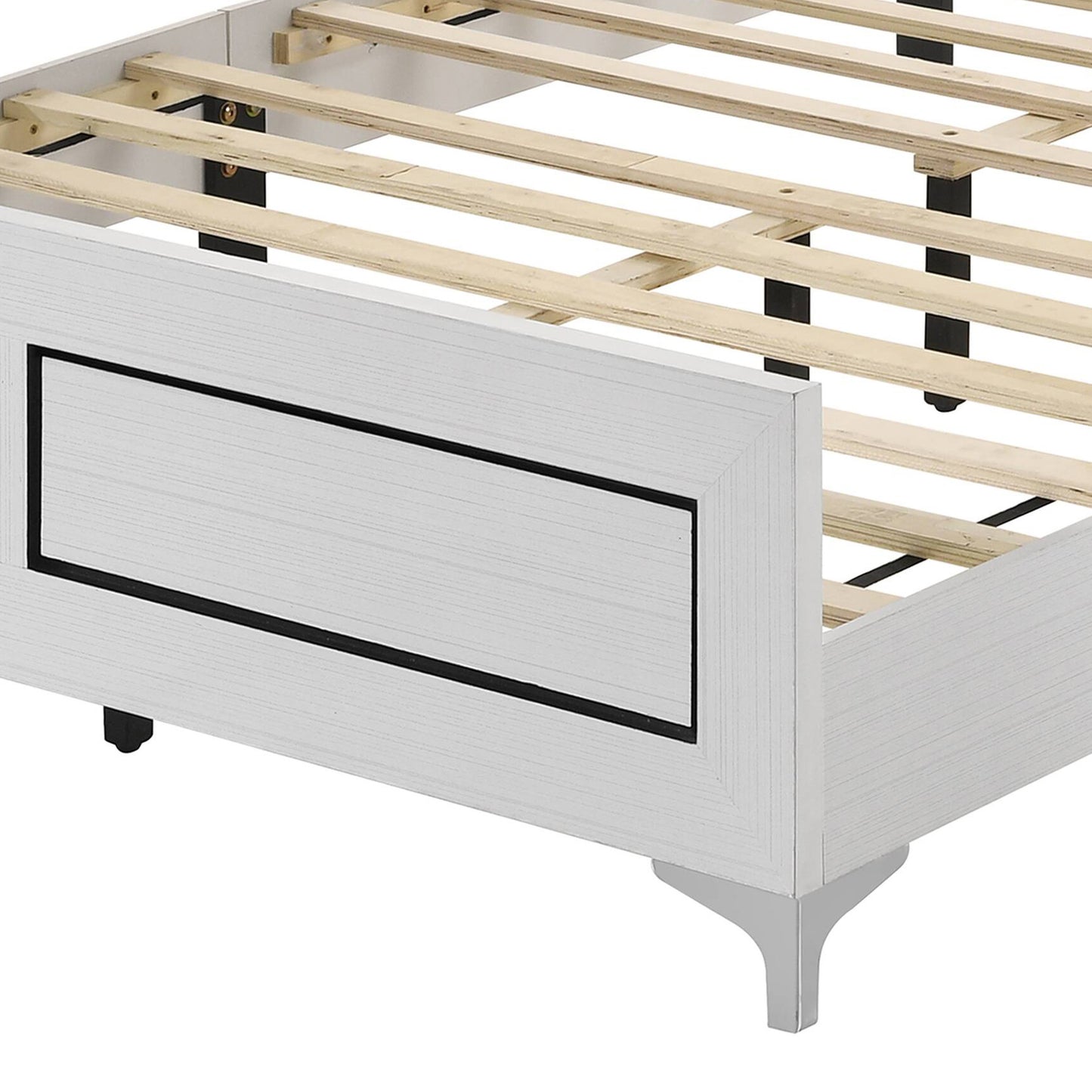 White wooden bed frame with slatted base and modern design