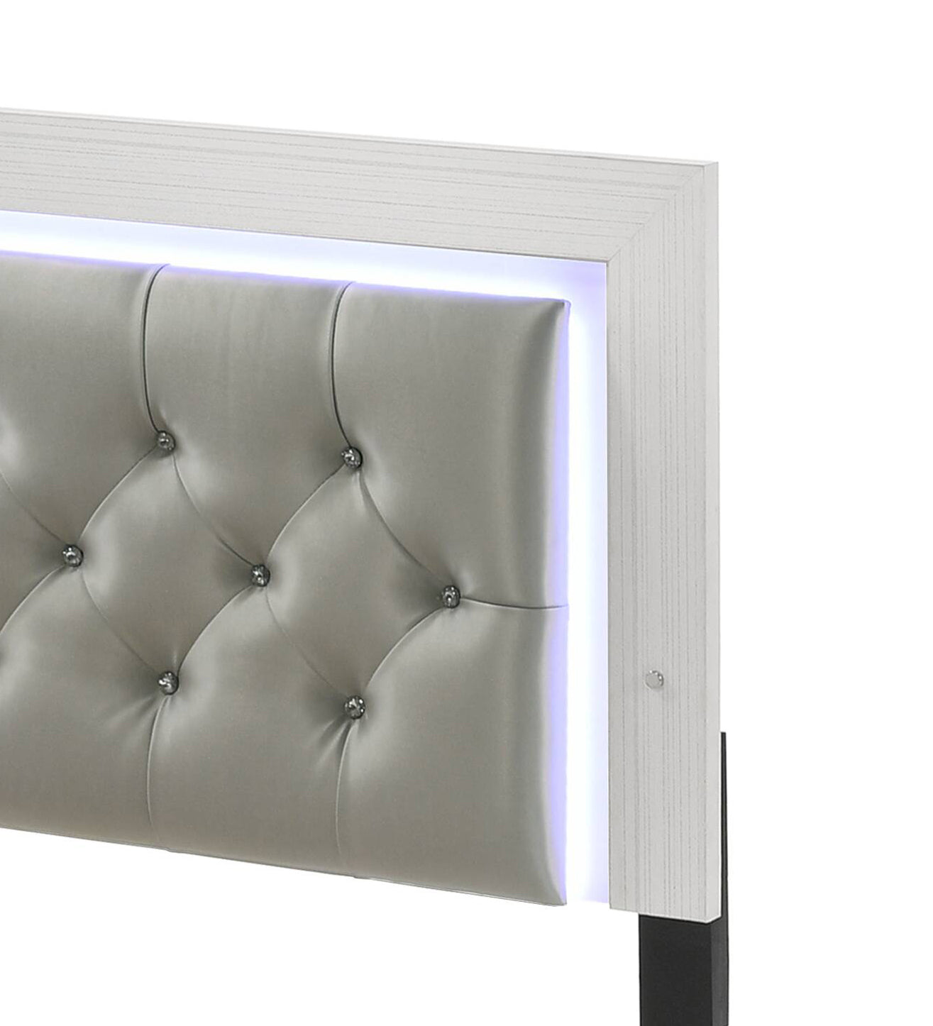 Grey tufted headboard with crystal buttons and white wood frame with LED light strip